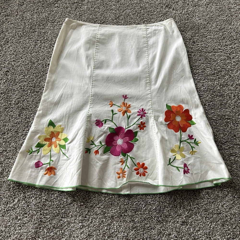Y2K Soulmates Skirt Womens 7 White Floral Embroidered A-Line Short Cotton